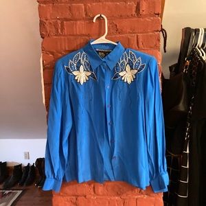 Vintage Blue Silk party shirt Sz 8/ medium